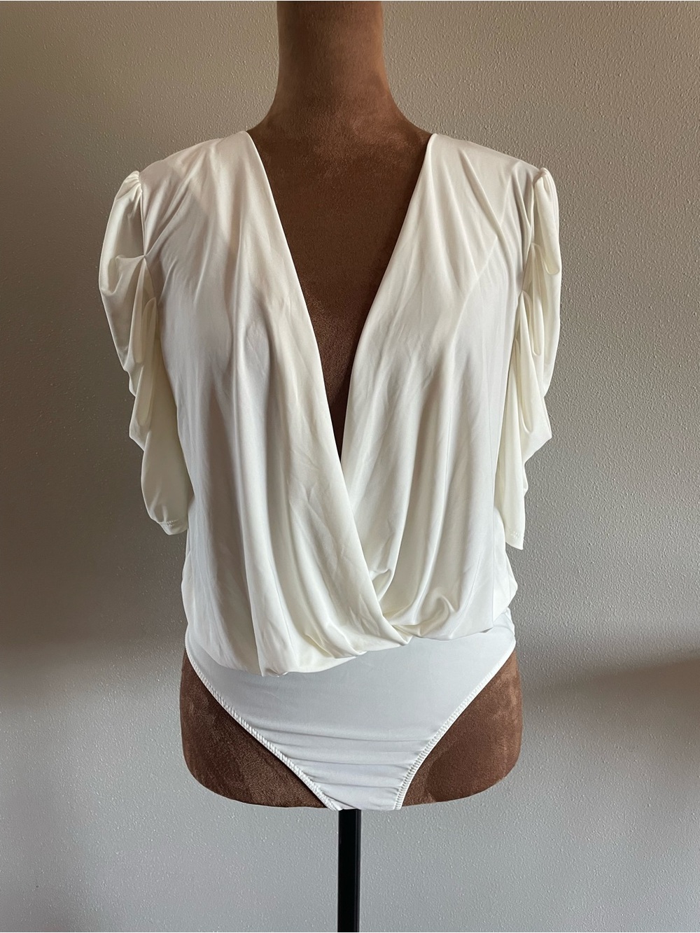 21 Saints Faux Wrap Ruched Puff Sleeve White Bodysuit.